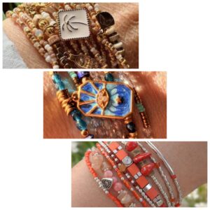 Close-up of multiple beaded bracelets stacked on a wrist, with turquoise, coral, and silver beads and a square centerpiece centerpiece.